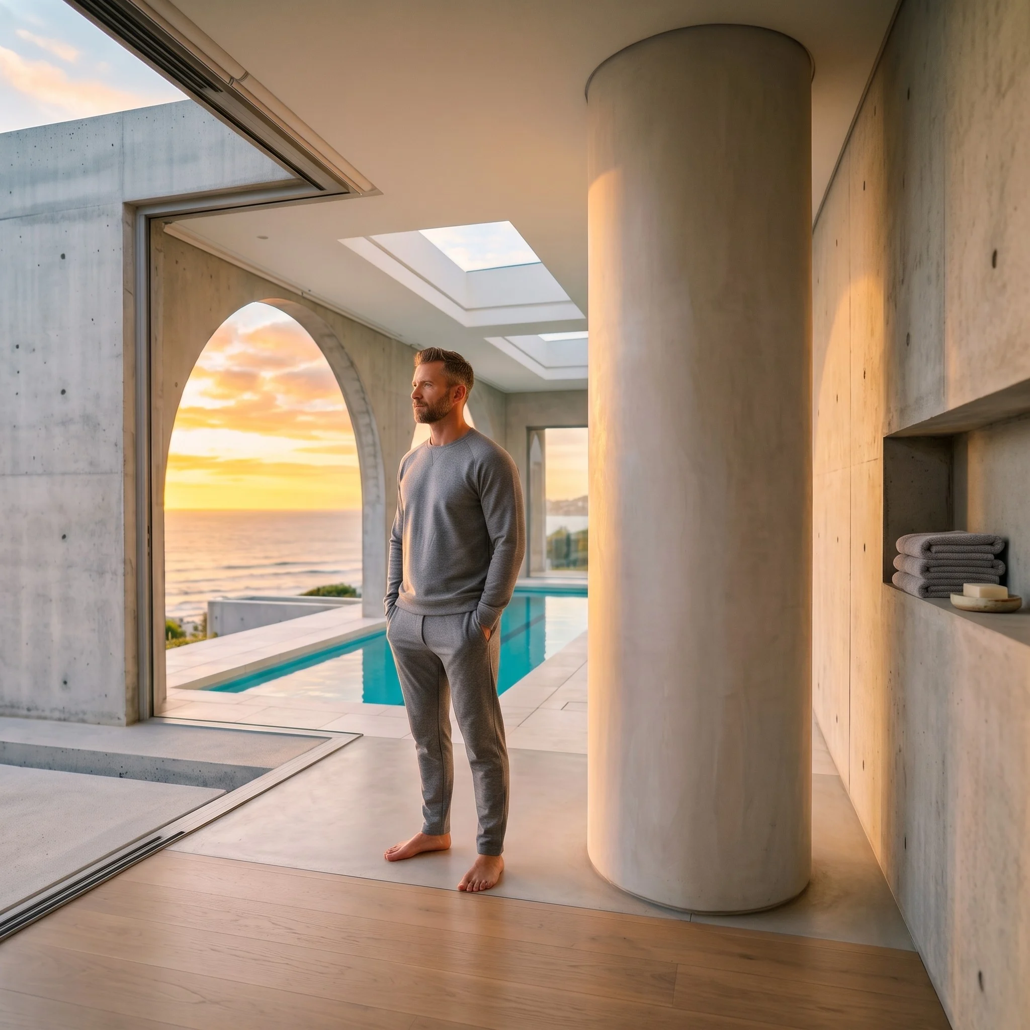 Man in grey loungewear standing calmly beside an indoor pool with ocean views at sunrise, representing precision and clarity