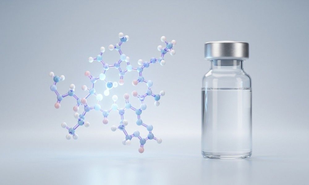 3D molecular model of a peptide chain next to a glass vial, illustrating how peptides work in the body