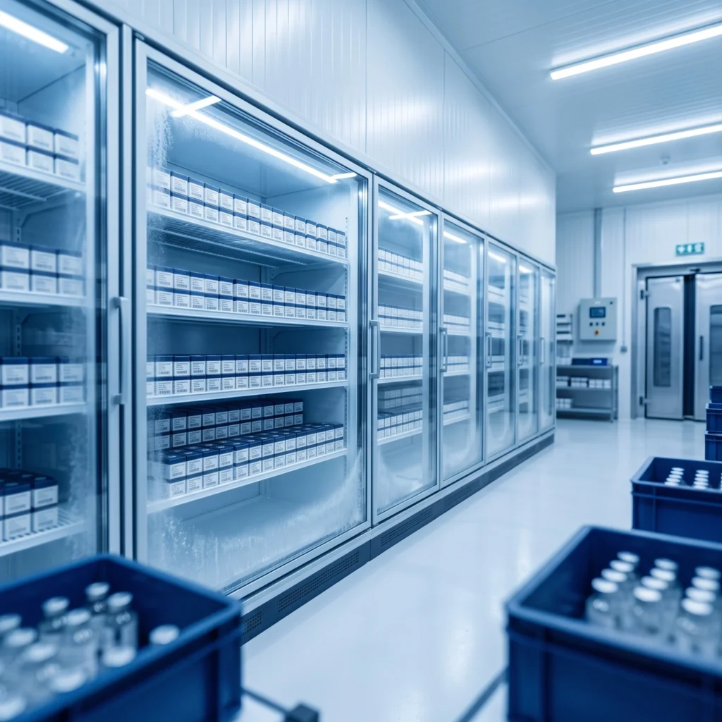 Refrigerated pharmaceutical storage room with organized peptide vial boxes on glass-door cold chain shelving, ensuring product stability and purity