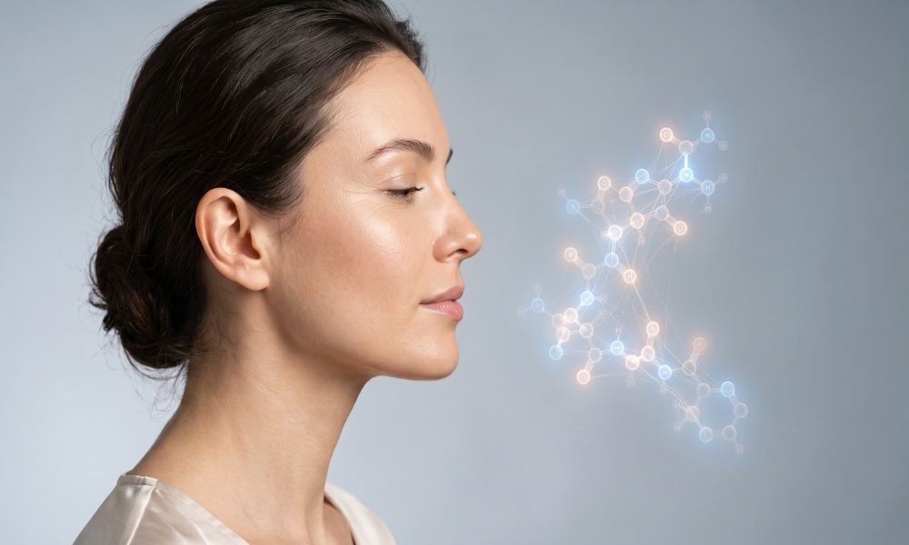 Woman with healthy, natural skin texture illustrating peptides for anti-aging and skin health